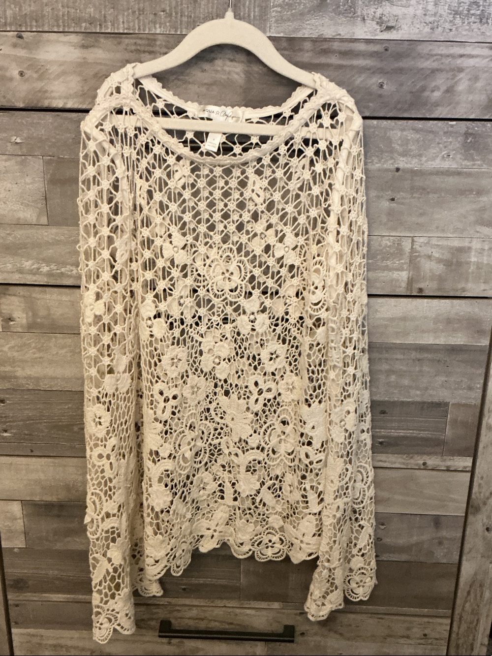 Aqua Cream Crochet Lace Open-Knit Long Sleeve Top